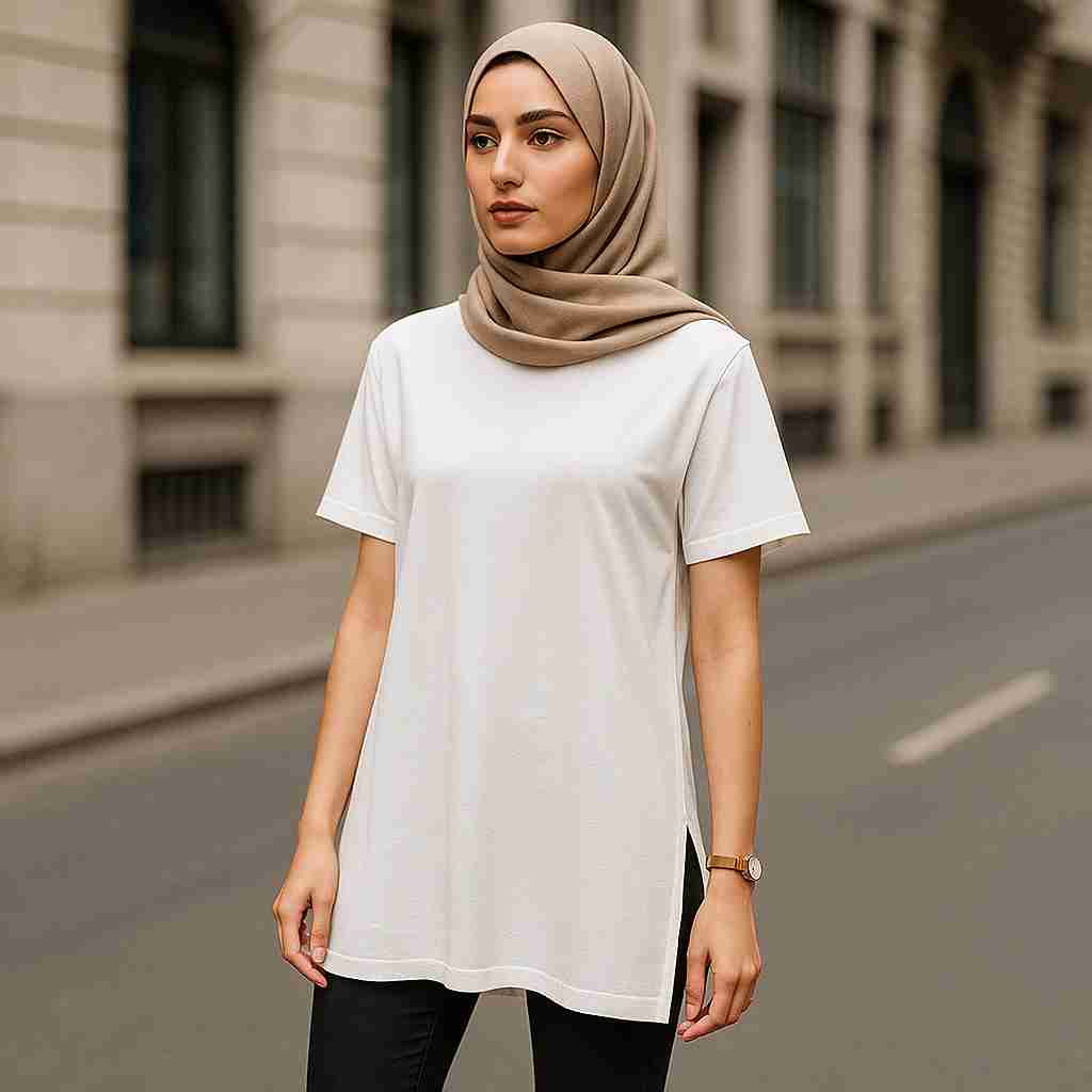 مدل خانم با تی‌شرت لانگ سفید فیت آزاد